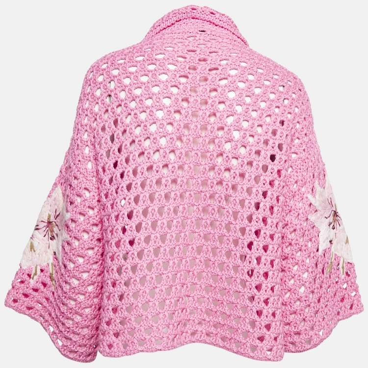 Pre Owned Valentino Pink Floral Embroidered Crochet Short Sleeve Cardigan S