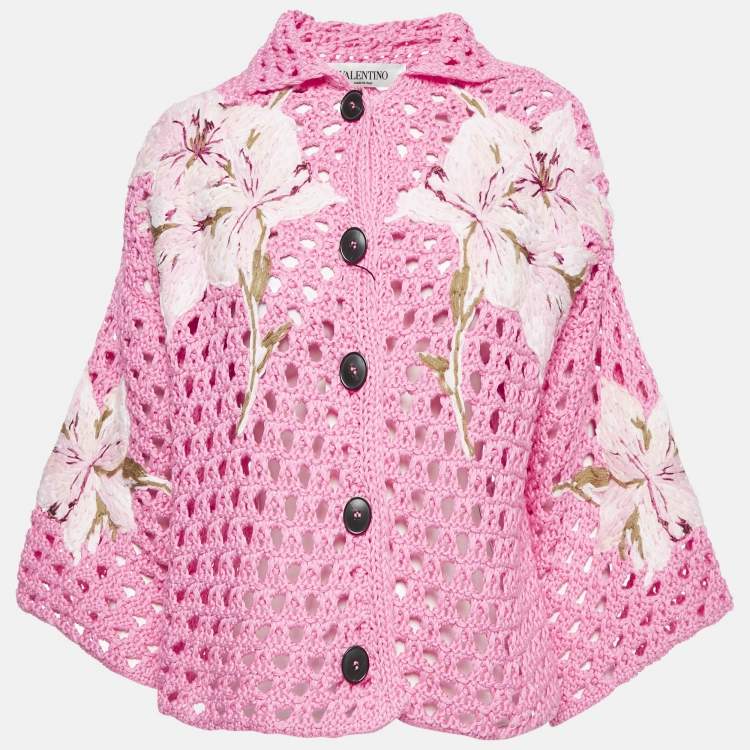 Pre Owned Valentino Pink Floral Embroidered Crochet Short Sleeve Cardigan S