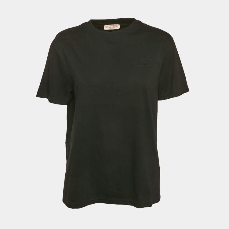 Pre Owned Valentino Black Logo Embossed Jersey Crewneck T-Shirt M
