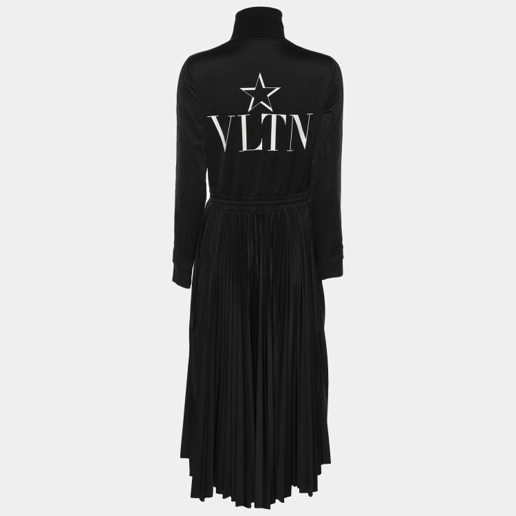 Pre Owned Valentino Black Polyester Pleated Midi Dress M
