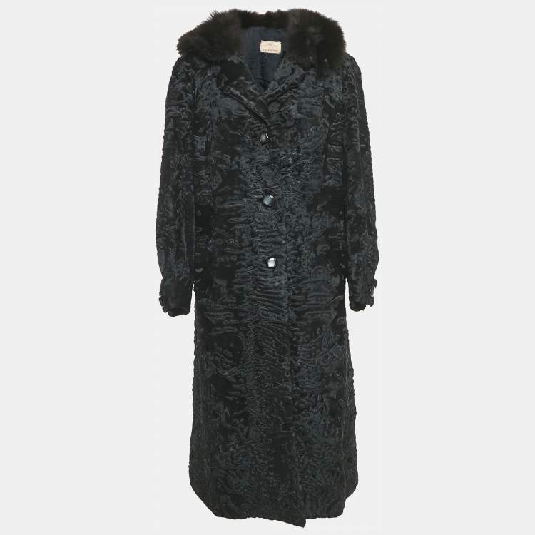 Pre Owned Valentino Vintage Black Real Fur Trim Collar Shearling Overcoat L