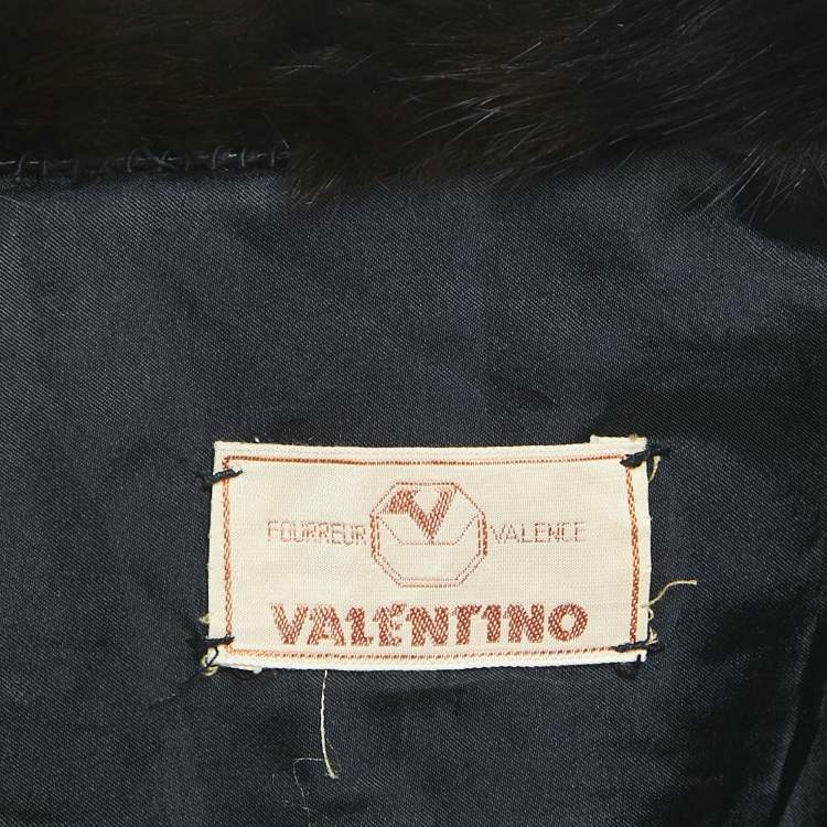 Pre Owned Valentino Vintage Black Real Fur Trim Collar Shearling Overcoat L