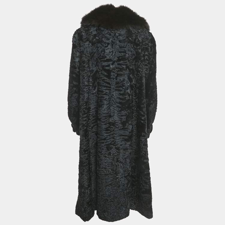 Pre Owned Valentino Vintage Black Real Fur Trim Collar Shearling Overcoat L