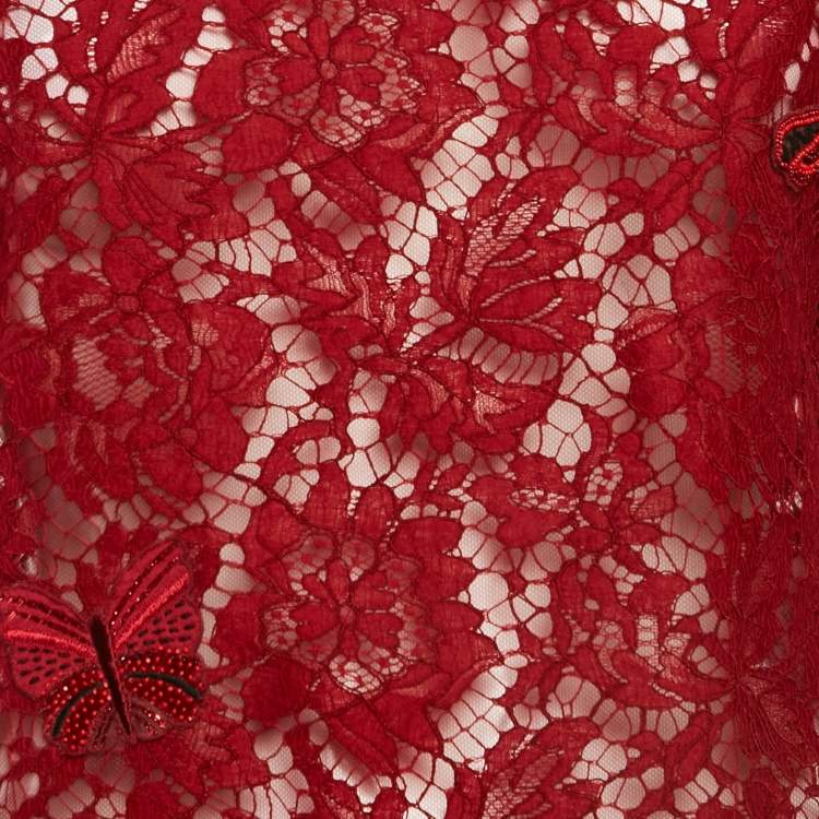Pre Owned Valentino Red Butterfly Applique Lace Sheer Top S