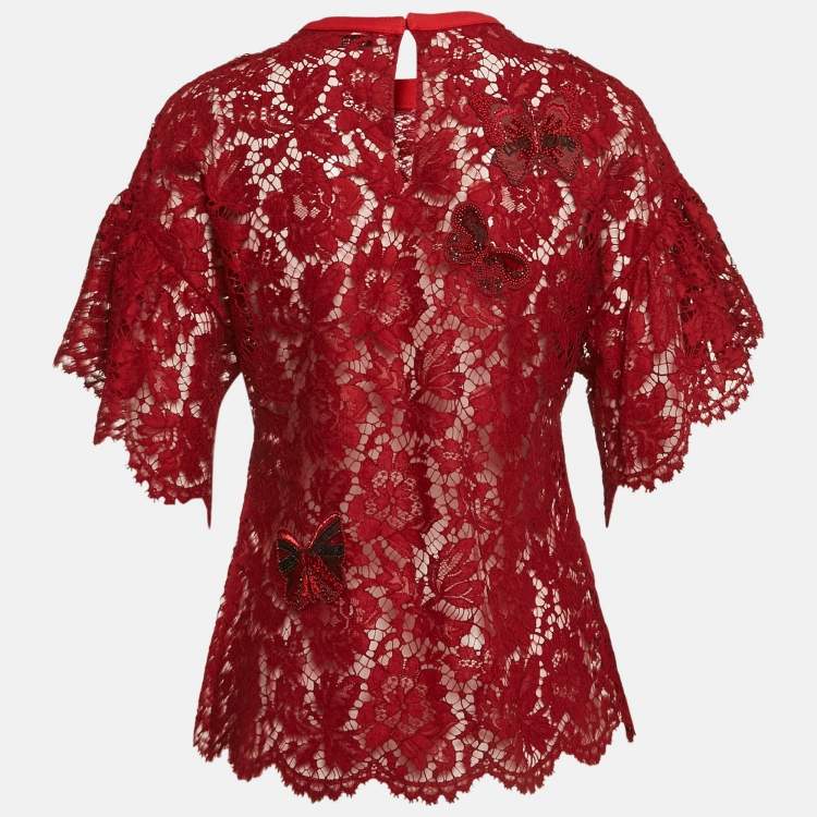 Pre Owned Valentino Red Butterfly Applique Lace Sheer Top S