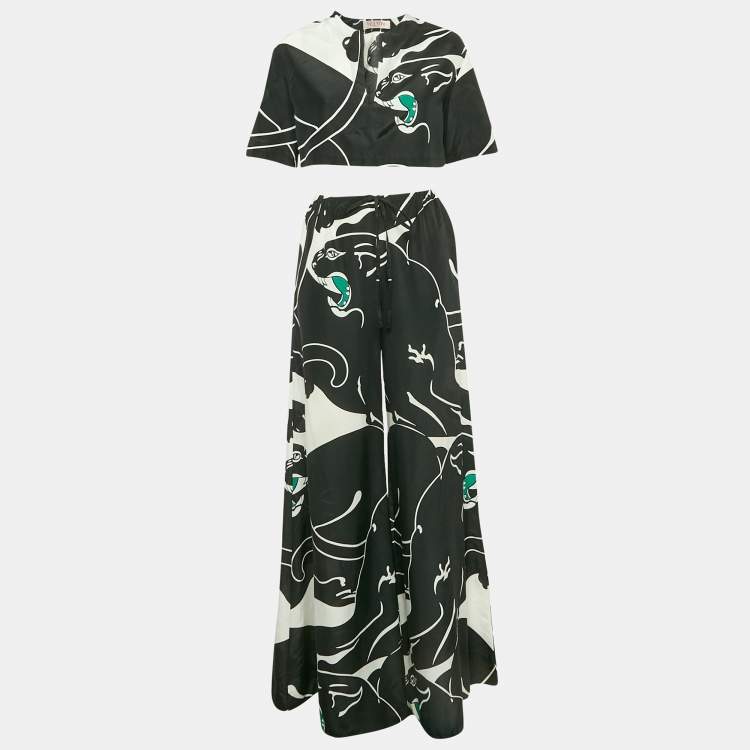 Pre Owned Valentino Black/White Printed Cotton Blend Top and Trousers Set S