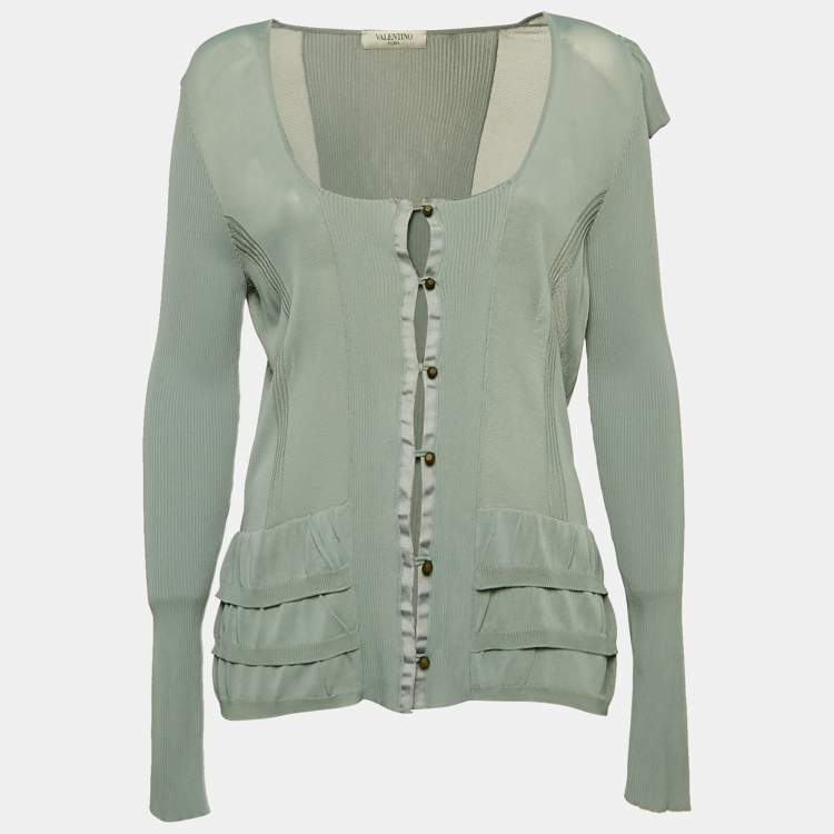 Pre Owned Valentino Blue Jersey Ruffled Button Front Cardigan M