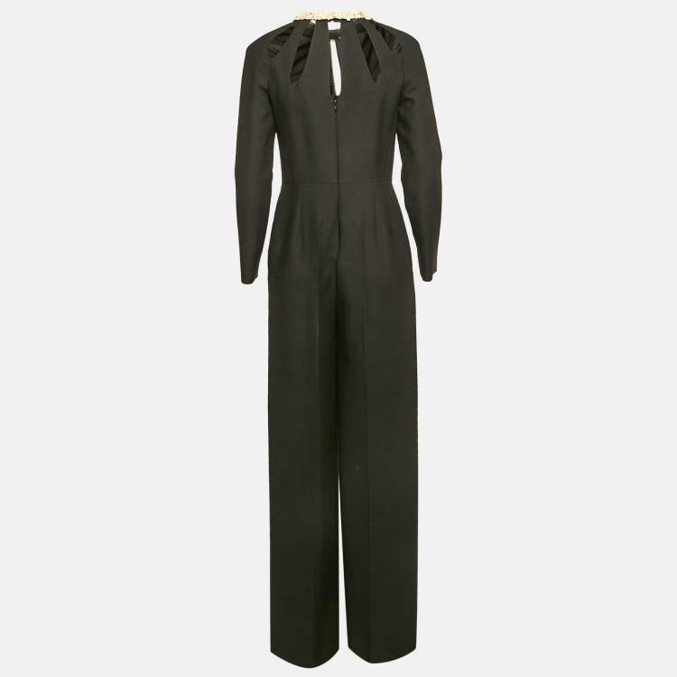 Pre Owned Valentino Black Wool Blend Leather Applique Detail Jumpsuit M 