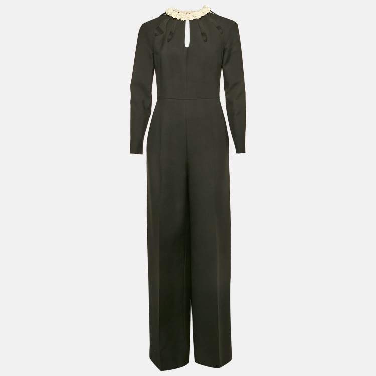 Pre Owned Valentino Black Wool Blend Leather Applique Detail Jumpsuit M 