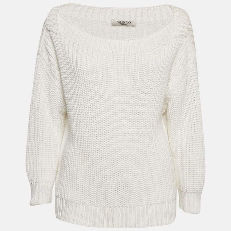 Pre Owned Valentino White Crochet Cotton Knit Long Sleeve Sweater S