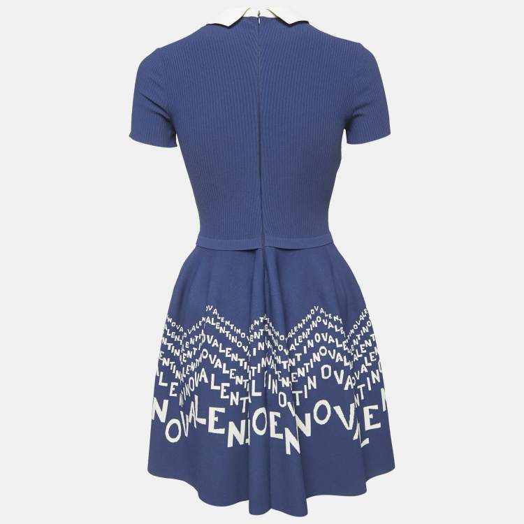 Pre Owned Valentino Blue Logo Jacquard Knit Mini Dress S