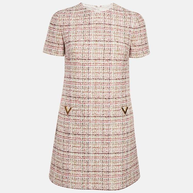 Pre Owned Valentino White/Pink Metallic Tweed Mini Dress S