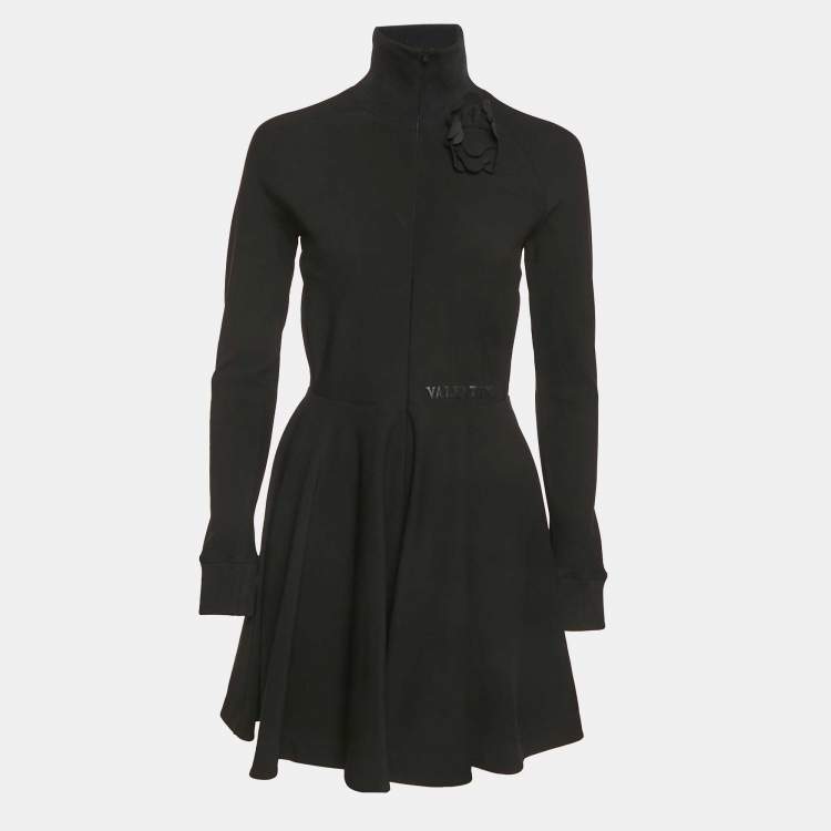 Pre Owned Valentino Black Jersey Floral Applique Mini Dress M