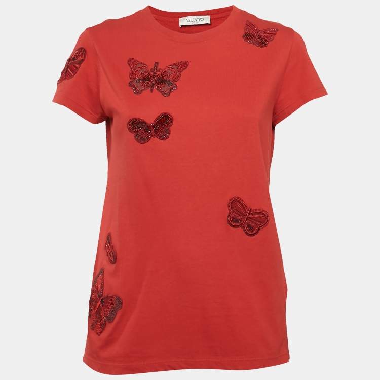 Pre Owned Valentino Red Cotton Butterfly Appliqued T-Shirt S 