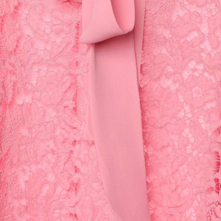 Pre Owned Valentino Pink Silk Lace Neck Tie Blouse S