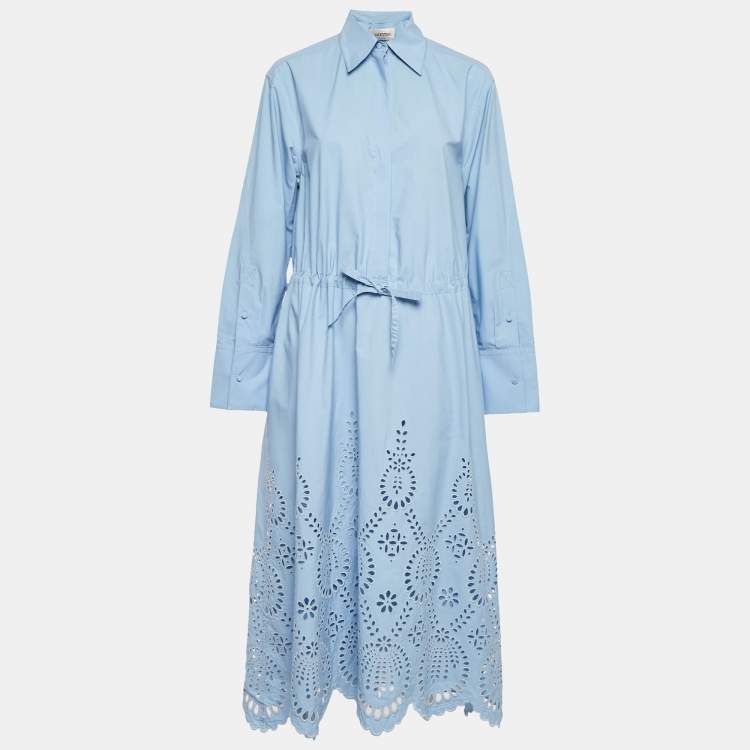 Pre Owned Valentino Blue Broderie Anglaise Cotton Long Sleeve Dress S