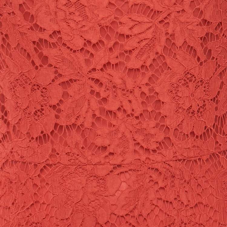 Pre Owned Valentino Red Corded Lace Long Sleeve Midi Dress M