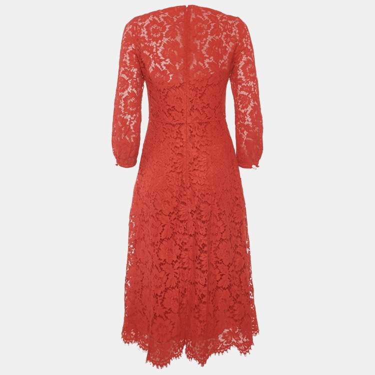 Pre Owned Valentino Red Corded Lace Long Sleeve Midi Dress M