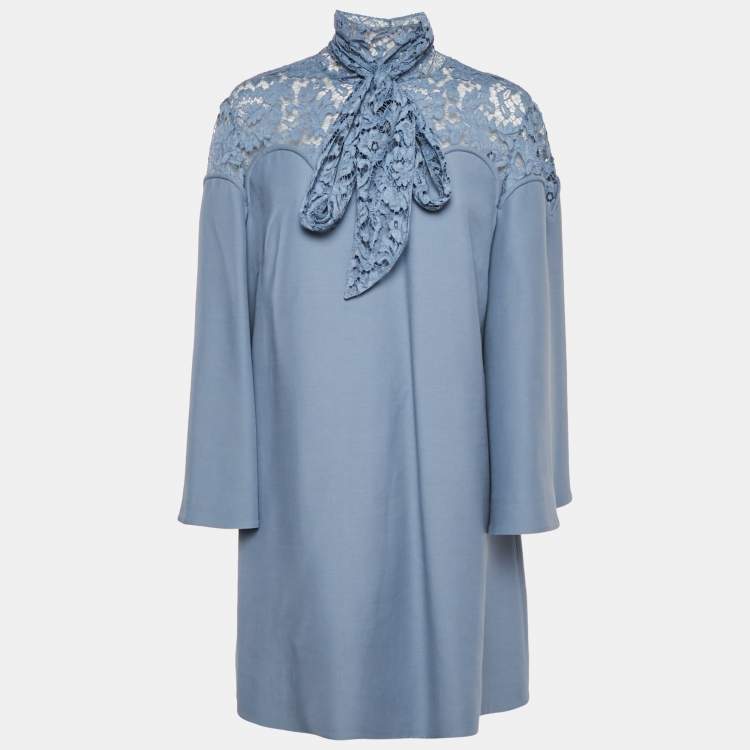Pre Owned Valentino Blue Wool Blend Lace Detail Shift Dress L