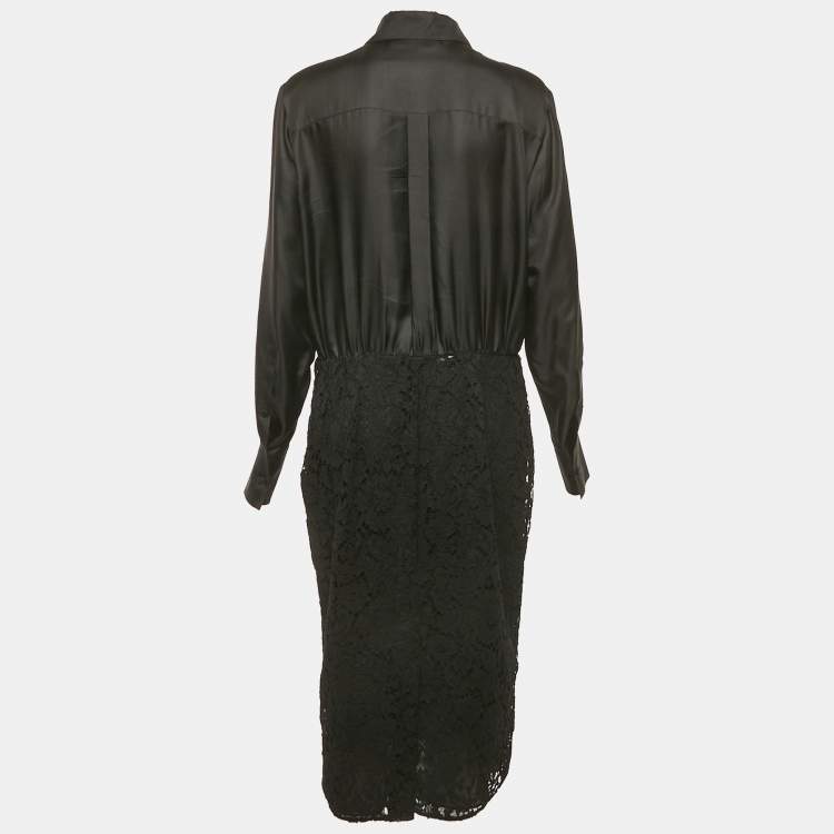 Pre Owned Valentino Black Lace and Satin Long Sleeve Midi Dress L