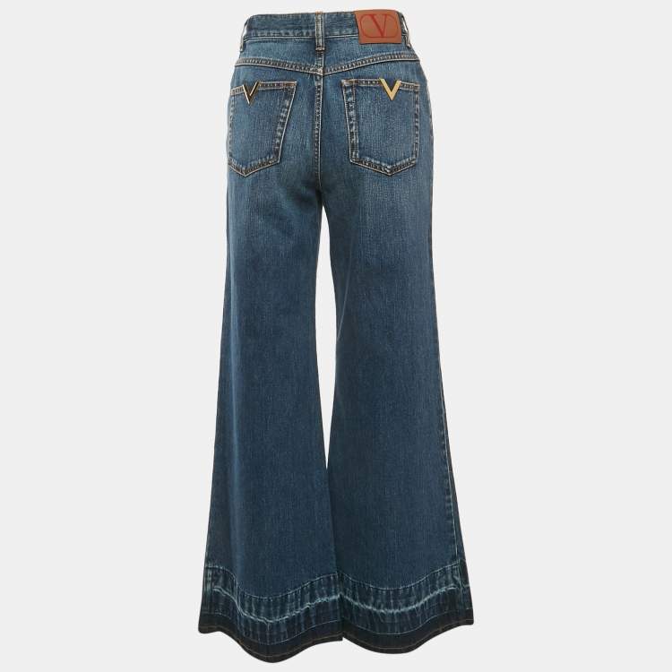 Pre Owned Valentino Blue Denim V Embellished Wide-Leg Jeans M Waist 29"