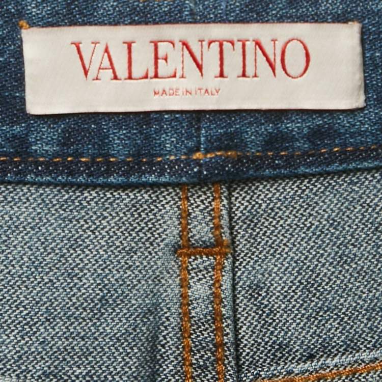 Pre Owned Valentino Blue Denim V Embellished Wide-Leg Jeans M Waist 29"