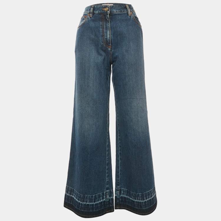 Pre Owned Valentino Blue Denim V Embellished Wide-Leg Jeans M Waist 29"