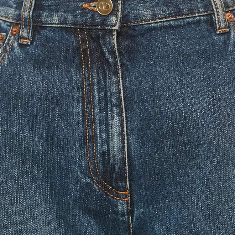 Pre Owned Valentino Blue Denim V Embellished Wide-Leg Jeans M Waist 29"