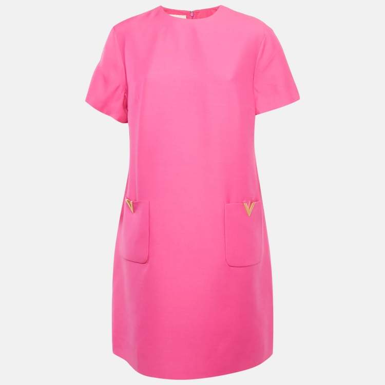 Pre Owned Valentino Pink Wool Blend V Metal Detail Shift Dress L