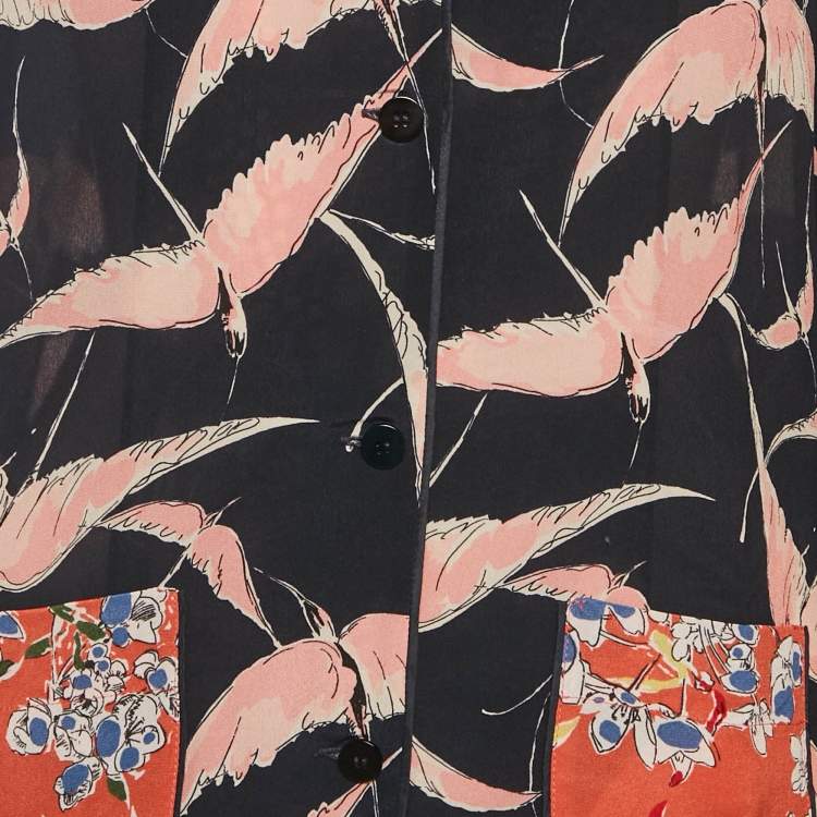 Pre Owned Valentino Black Bird Printed Silk Button Front Shirt S