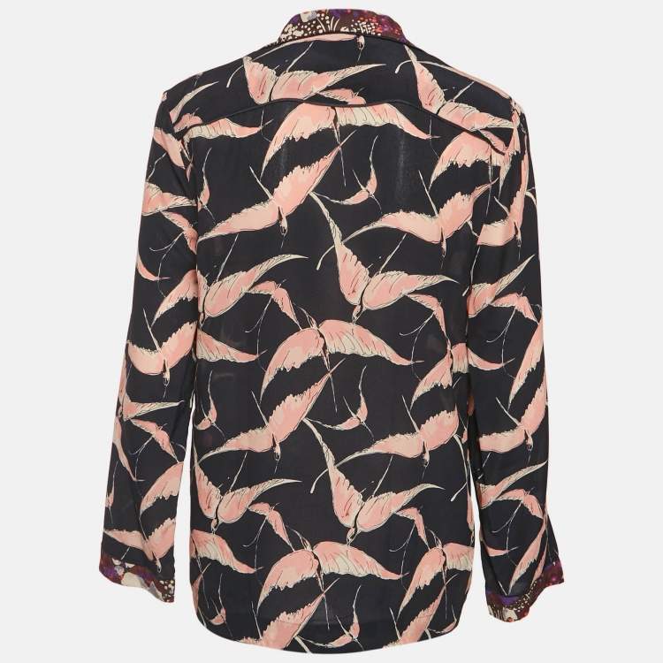 Pre Owned Valentino Black Bird Printed Silk Button Front Shirt S