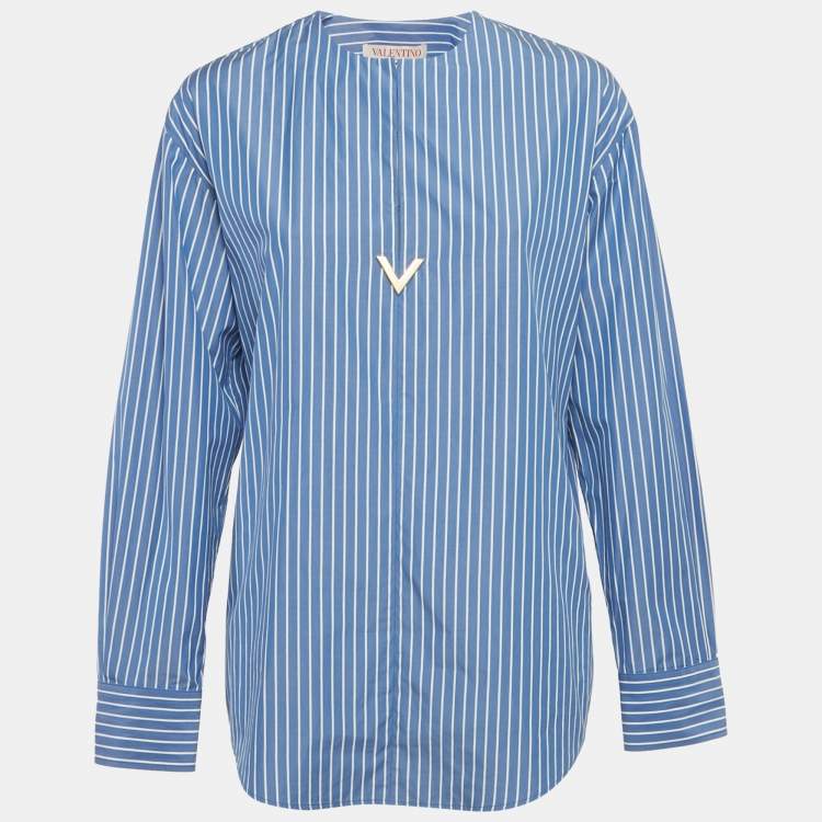 Pre Owned Valentino Blue Stripe Cotton Logo Plaque Detail Blouse S