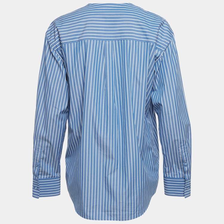 Pre Owned Valentino Blue Stripe Cotton Logo Plaque Detail Blouse S