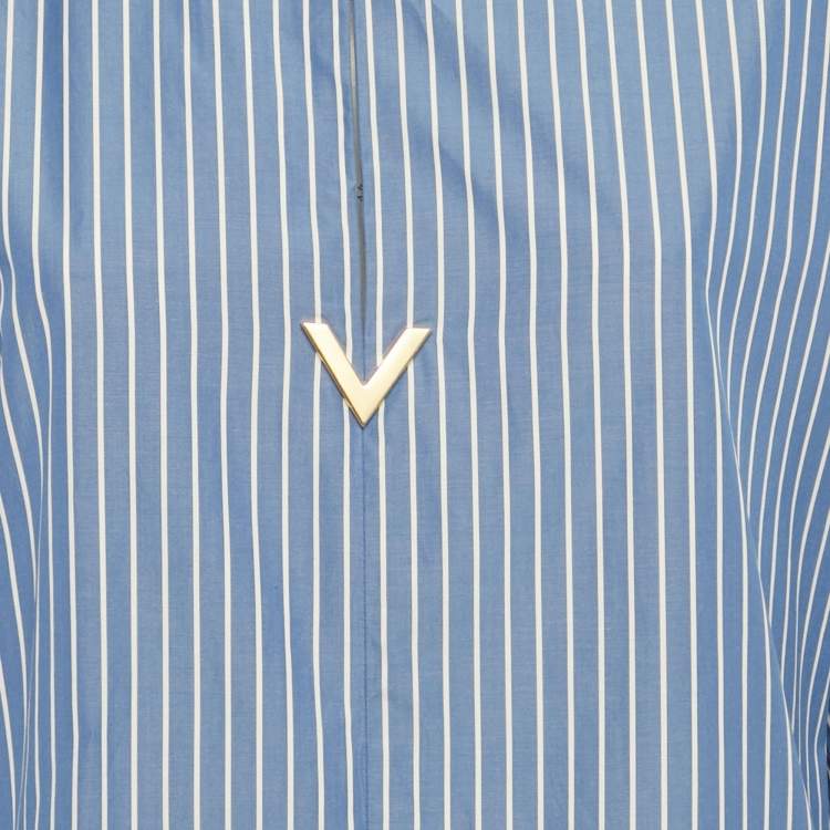 Pre Owned Valentino Blue Stripe Cotton Logo Plaque Detail Blouse S