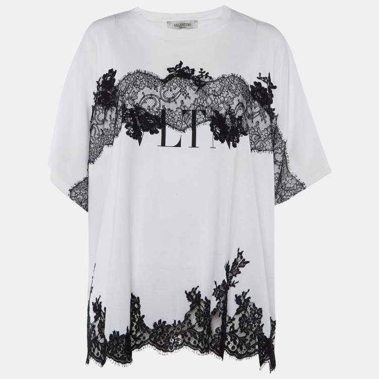 Pre Owned Valentino White Cotton Knit & Black Lace Paneled Oversized T-Shirt M