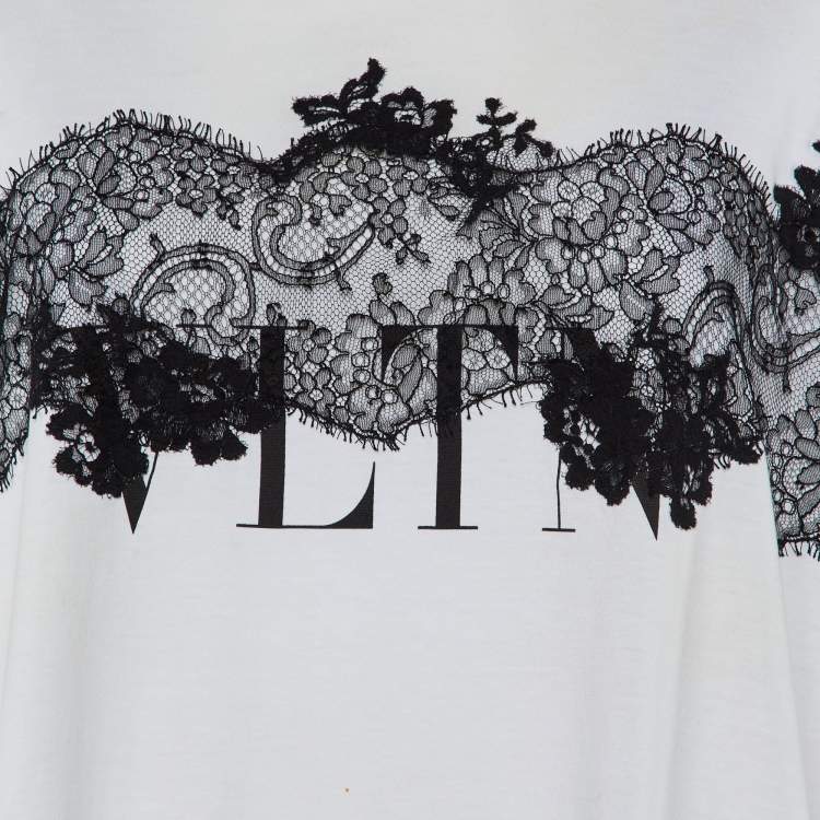 Pre Owned Valentino White Cotton Knit & Black Lace Paneled Oversized T-Shirt M