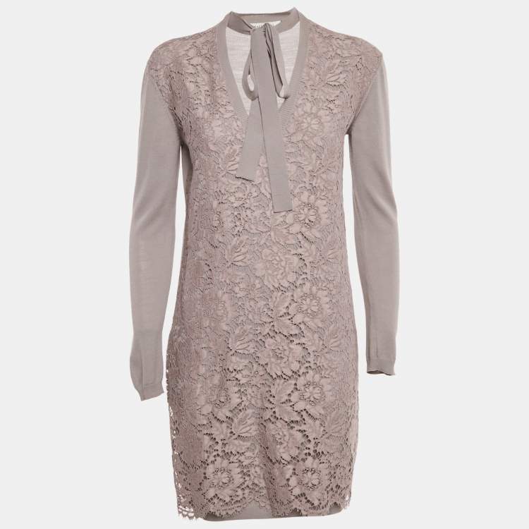 Pre Owned Valentino Mauve Lace and Knit V-Neck Sweater Dress S