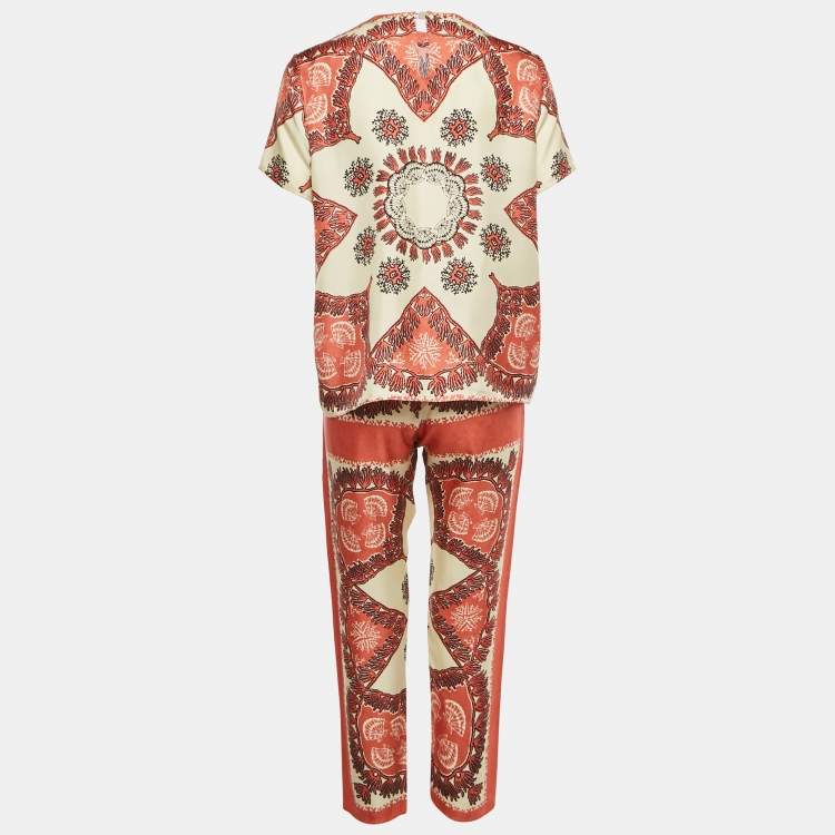 Pre Owned Valentino Cream/Pink Shell Printed Silk Top and Pants Set S/M