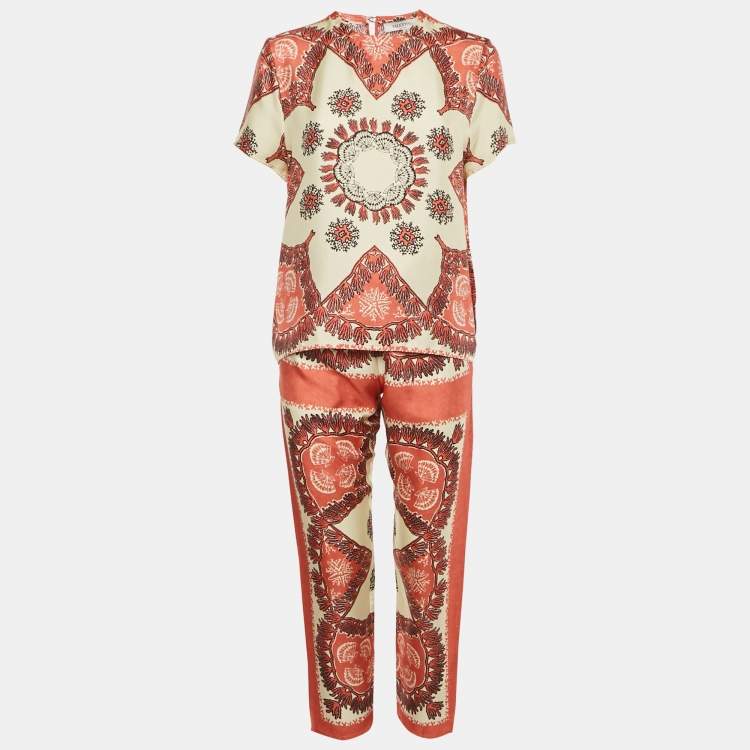 Pre Owned Valentino Cream/Pink Shell Printed Silk Top and Pants Set S/M