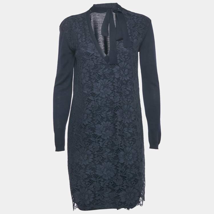 Pre Owned Valentino Navy Blue Lace and Knit Mini Dress S