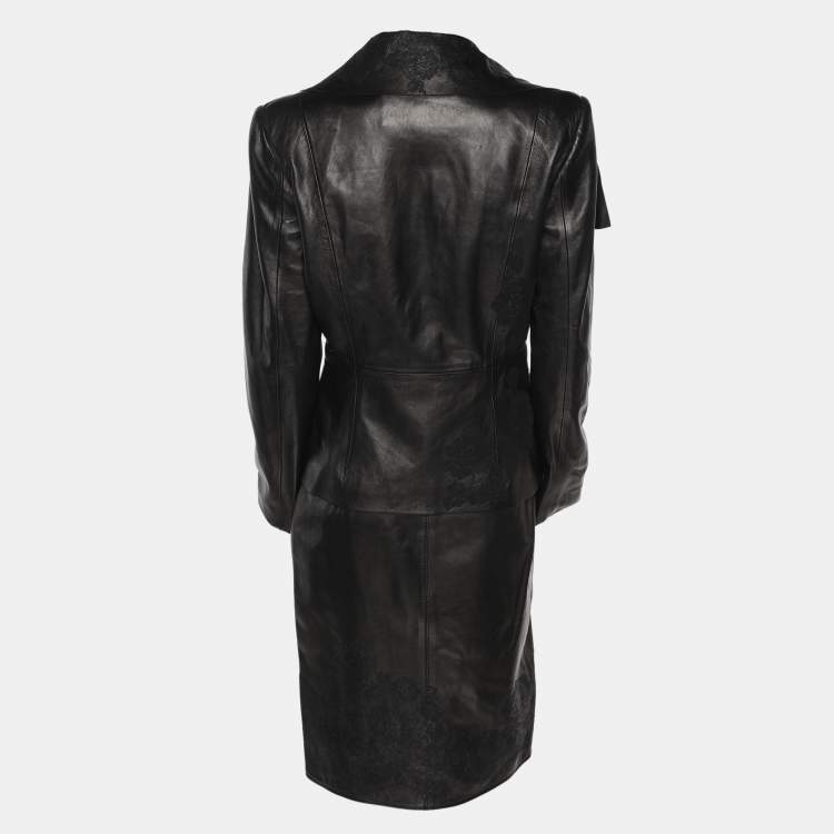Pre Owned Valentino Black Leather Lace Trimmed Jacket Skirt Set L/M
