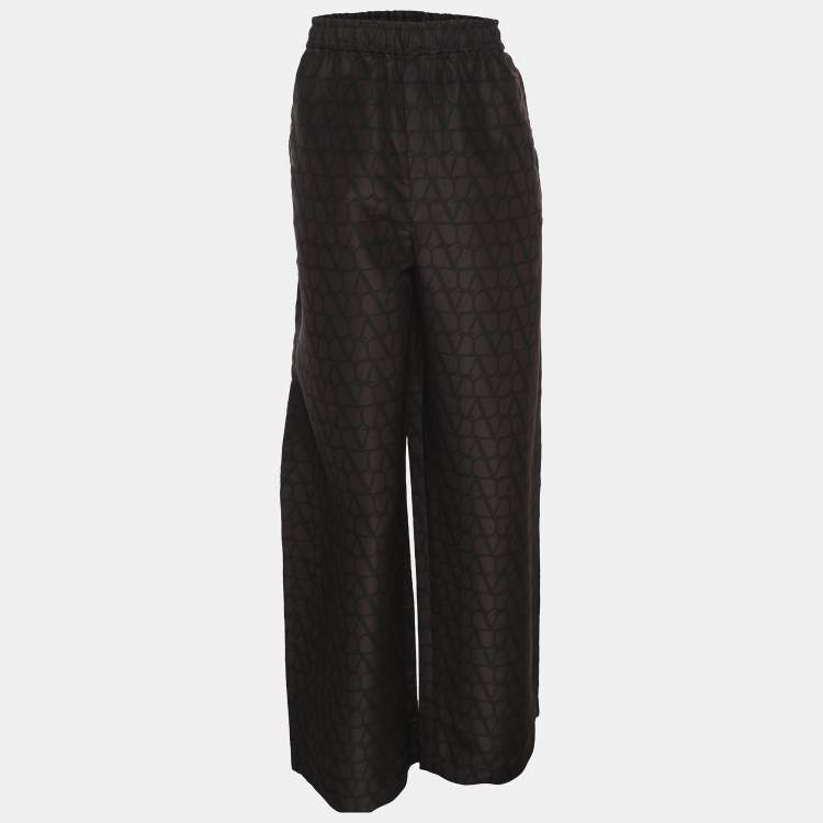 Pre Owned Valentino Black/Brown Logo Print Silk Wide Leg Trousers XL