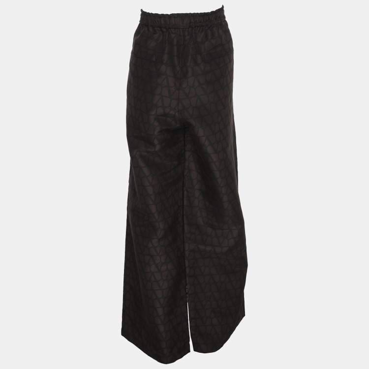 Pre Owned Valentino Black/Brown Logo Print Silk Wide Leg Trousers XL