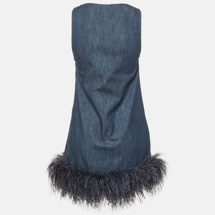 Pre Owned Valentino Blue Feather Trim Denim Shift Dress S