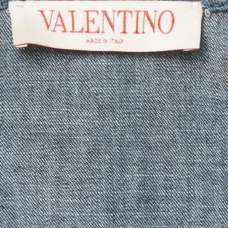 Pre Owned Valentino Blue Feather Trim Denim Shift Dress S