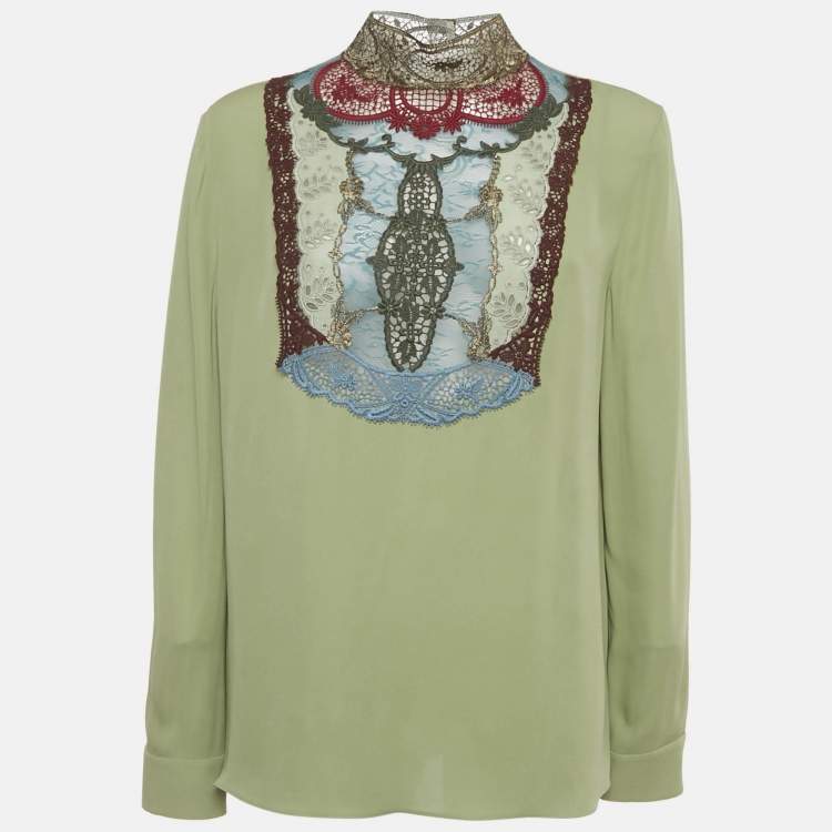 Pre Owned Valentino Green Embroidered Detail Silk Blouse L