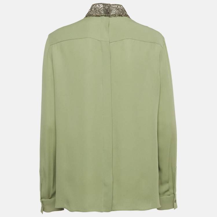 Pre Owned Valentino Green Embroidered Detail Silk Blouse L