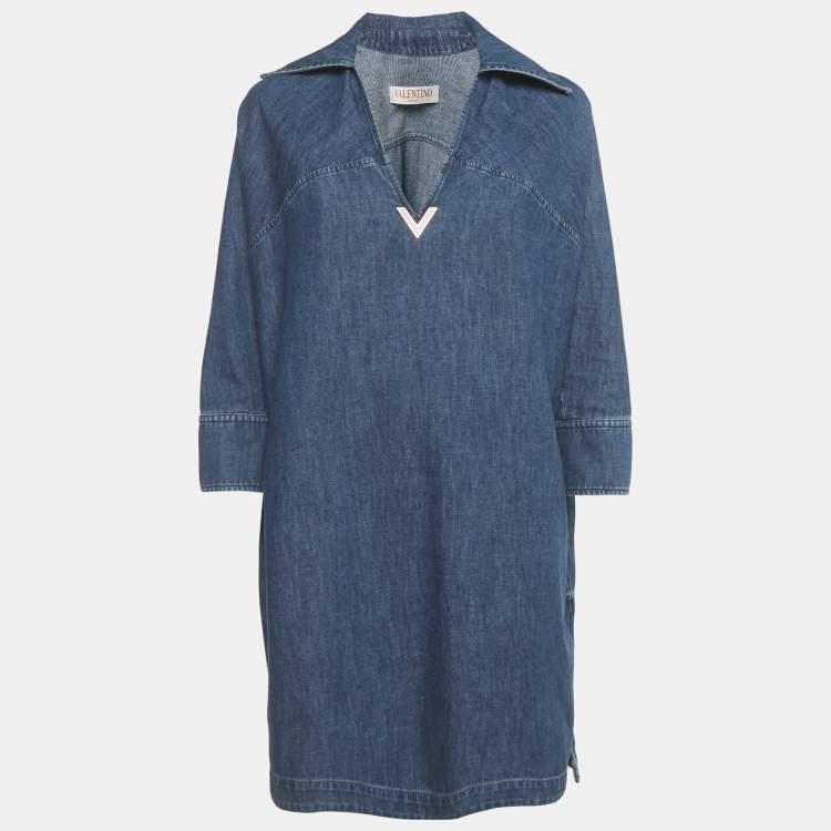 Pre Owned Valentino Blue Denim V Detail Mini Shift Dress S