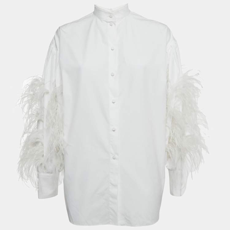 Pre Owned Valentino White Ostrich Feather Trim Cotton Oversized Shirt S