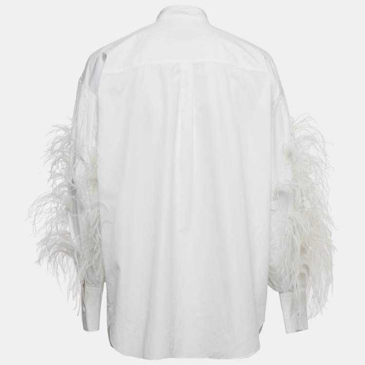 Pre Owned Valentino White Ostrich Feather Trim Cotton Oversized Shirt S